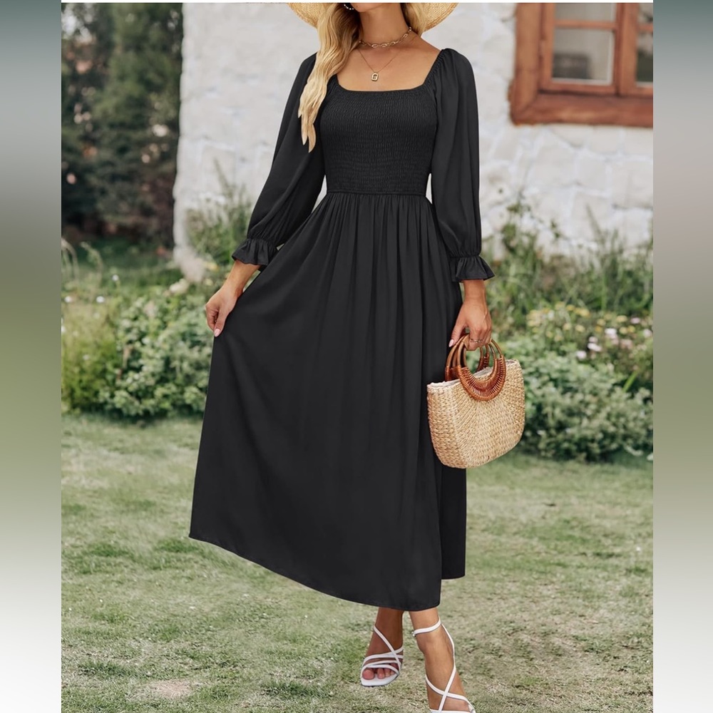 Black midi quarter sleeve babydoll dress